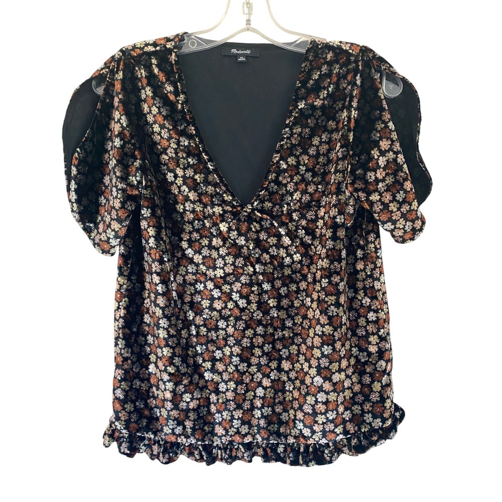 Madewell Velvet Split Sleeve Ruffle Hem‎ Floral Top Black Brown K2795 XS